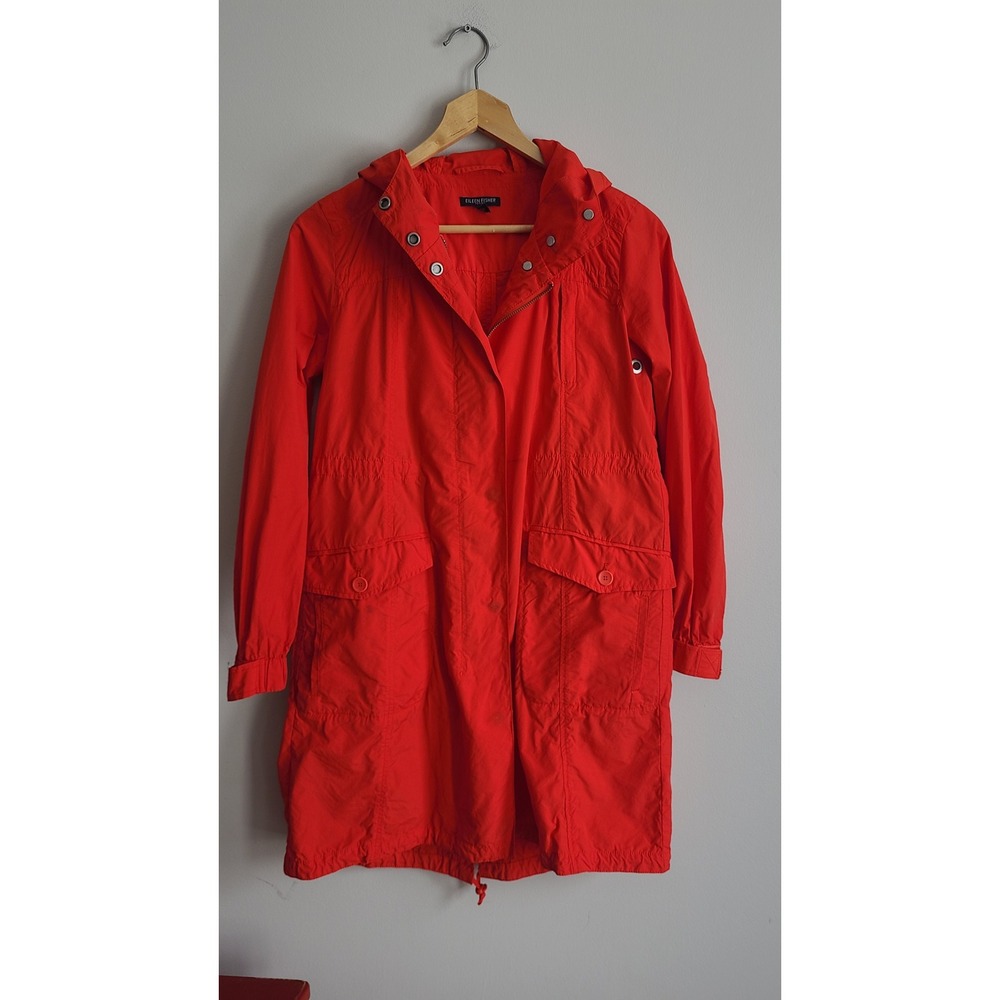 Eileen Fisher Petite Red Hooded Anorak Jacket Utility Rain Coat Women PS